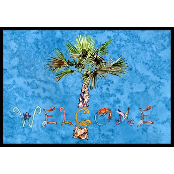 Carolines Treasures Welcome Palm Tree On Blue Indoor and Outdoor Mat- 24 x 36 in. 8708JMAT - main